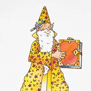 Cartoon, smiling wizard with long white beard, matching yellow cape and hat, and blue wand behind his ear holding up red magic book
