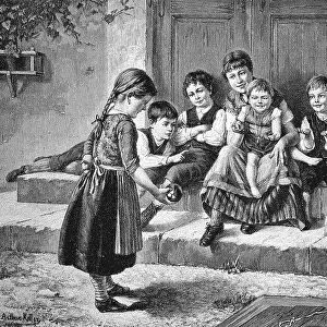 Children Playing on a Staircase, 1888, Germany, Historic, digital reproduction of an original 19th-century painting