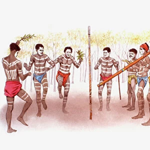 Digital illustration of Australian Aboriginal men dancing, singing, and playing the didgeridoo