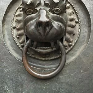 Door knocker with a lions head, 14th century, main entrance to St Lorenz Church, Nuremberg, Middle Franconia, Bavaria, Germany