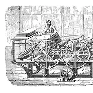 Engraving of man working at a printing machine