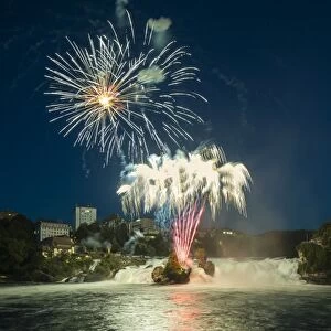 Fireworks at the Rhine Falls during the Swiss National Day celebrations, Schaffhausen, Canton of Schaffhausen, Switzerland
