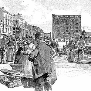Fisheries, the fresh fish market, 1880, Kiel, Germany, digitally restored reproduction of an original 19th century painting, exact original date unknown