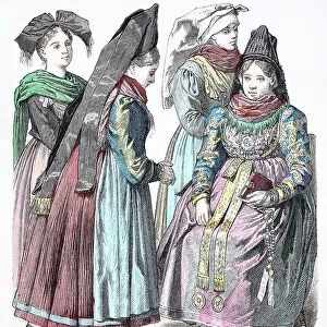 Folk traditional costume, clothing, history of costumes, woman from Breisgau, Witichhausen and the Tauber region, Germany, 1885, Historic, digitally restored reproduction of a 19th century original