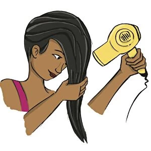 Girl wringing her long dark hair while holding blow dryer in the other hand