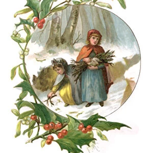 Holly and mistletoe frame with two Victorian girls collecting firewood
