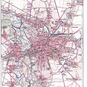 Old chromolithograph map of Leipzig (most populous city in the German state of Saxony) with its suburbs