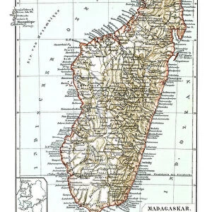 Old chromolithograph map of Madagascar, island country in the Indian Ocean