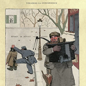 Police officer moving on roast chestnut street vendor and homeless man, Vintage French cartoon