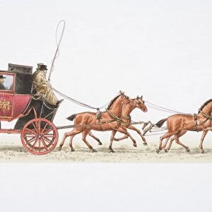 Postboy driving 1784 mail coach drawn by four horses, side view