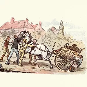 Victorian men struggling to control a horse and cart