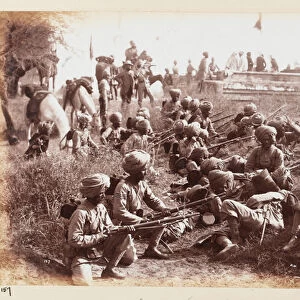 14th Sikhs waiting for attack, Delhi Camp of Exercise, 1886 (b / w photo)