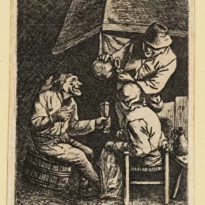 17th century Dutch peasants drinking near a fireplace. 1803 (engraving)