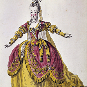 18th century theatre costume, engraving of 19th century Paris, B. N