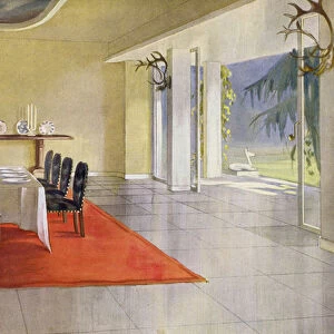 1930s interiors: Dining-room in a country house (colour litho)