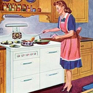 1940s Homemaker Cooking Dinner in Her Dream Kitchen, 1944 (screen print)