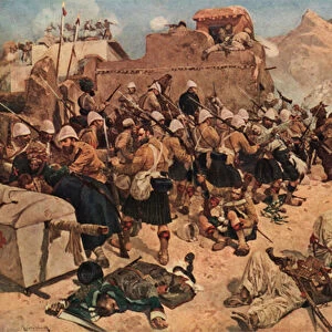 92nd Highlanders and 2nd Gurkhas storming the Gaudi Mullah Sahibdad at Kandahar, Afghanistan, 1880 (colour litho)