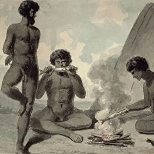 Aborigines eating fish in front of a campfire, possibly by Philip Gidley King (1758-1808