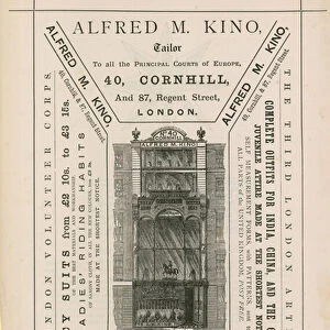 Advert for Alfred M Kino, tailor, 40 Cornhill and 87 Regent Street, London (engraving)