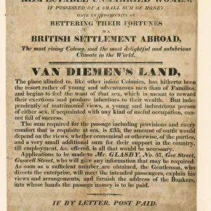 Advert concerned with the emigration of young women to Van Diemens Land (engraving)