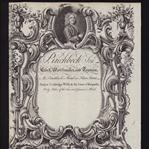 Advertisement for Pinchbeck, clock and watchmaker and toyman, Fleet Street, London, and Tunbridge Wells, Kent (engraving)