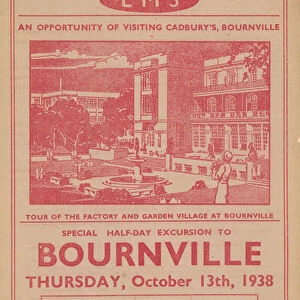 Advert for railway excursion to Cadburys factory and garden village at Bournville (engraving)