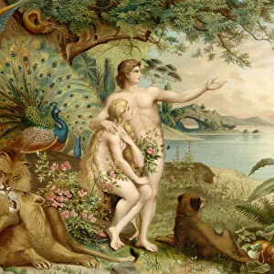 Adam and Eve in Paradise (colour litho)