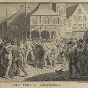 Adamites on the streets of Amsterdam, Netherlands (engraving)