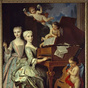 Adelaide de Gueidan and his sister at the harpsichord: Adelaide (1725-1786) and her sister Catherine (1726-1759) are members of a large Provencal family. They are surrounded by musical angels. 1735-1740. Oil On Canvas by Claude Arnulphy (1697-1786)