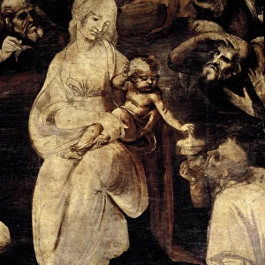 Adoration of the magi. Detail of the Virgin Mary. (oil on wood, 1481-1482)