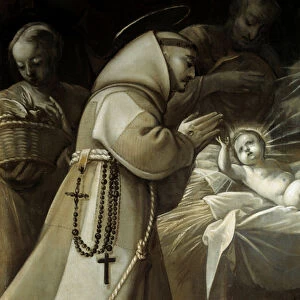 Adoration of the Shepherds A monk praying before the child Jesus
