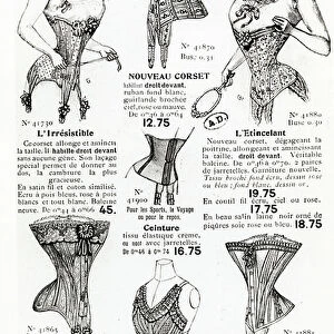 Advertisements for corsets and undergarments, from the Bon Marche catalogue, before 1914 (engraving) (b/w photo)