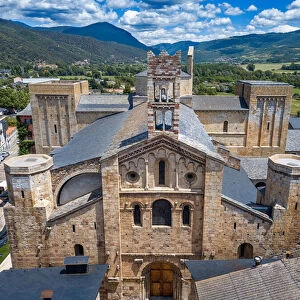 Aerial view of the facade of the Cathedral of Santa Maria in La Seu d Urgell, Lleida, 2021 (photo)
