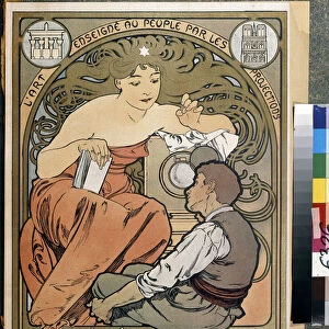 Affiche de publicite pour la Societe Populaire des Beaux Arts "L art enseigne au peuple par les projections". Affiche de Alfons Maria Mucha (Alphonse Marie Mucha, 1860-1939), 1897