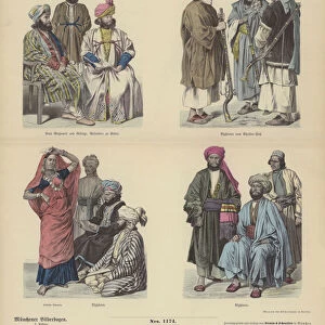 Afghan costumes, 19th Century (coloured engraving)