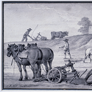 Agriculture: plowing scene. Drawing by Jean Baptiste Huet (1745-1811) 18th century Paris