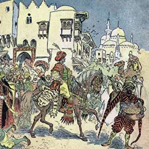 Aladdin riding through the streets of the city and throwing money aroud him Illustration by Albert Robida (1848-1926) for the tale "Aladin and the wonderful lamp" in " les mille et une nuits"