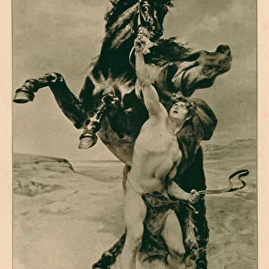 Alexander the Great taming Bucephalus (litho)