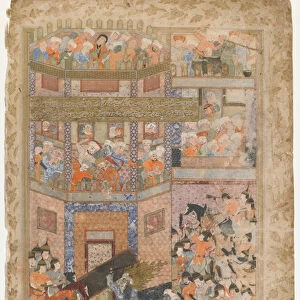 Ali lifts the gates of Qamus, from a Rawzat al-safa, 1571-72 (opaque watercolor