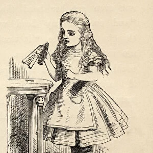 Alice peering at the Drink Me bottle, from Alices Adventures in Wonderland