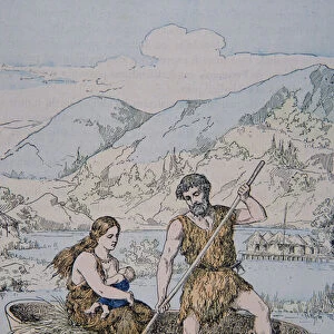 Ancient Gauls in Coracle type boat (colour litho)