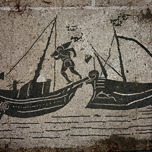 Ancient Ostia (Ostia). Place des Corporations. Mosaic of the Sabratha Seafarers