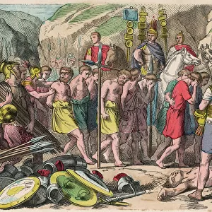Ancient Rome: Captured enemies are harnessed, 1866 (coloured engraving)