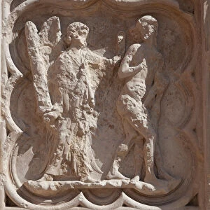 the angel chasing Adam and Eve. Cycle of Adam and Eve, Auxerre Cathedral, 1260