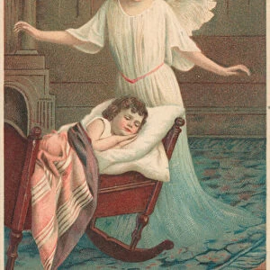 An angel standing over a child sleeping in a cot (colour litho)