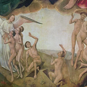 An angel welcomes the blessed into heaven while on the right the damned are being