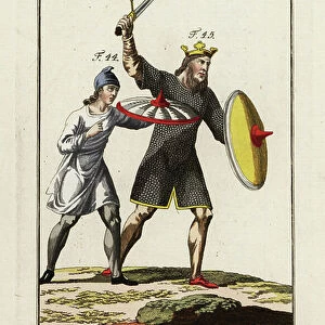 Anglo Saxon king and equerry in battle. 1796 (engraving)