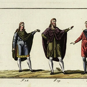 Anglo Saxon men wearing mantles over tunic and stockings. 1796 (engraving)