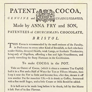 Anna Fry & Sons patent cocoa, late 18th Century (litho)