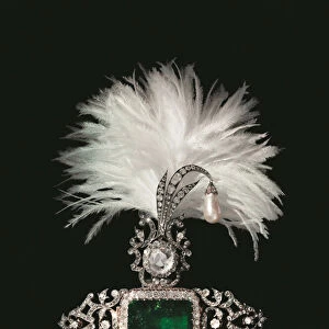 An Antique Emerald, Diamond and Pearl Sarpech, Later Adapted by Cartier, c. 1890 (emerald, diamonds, pearl, silver-topped gold & feather)